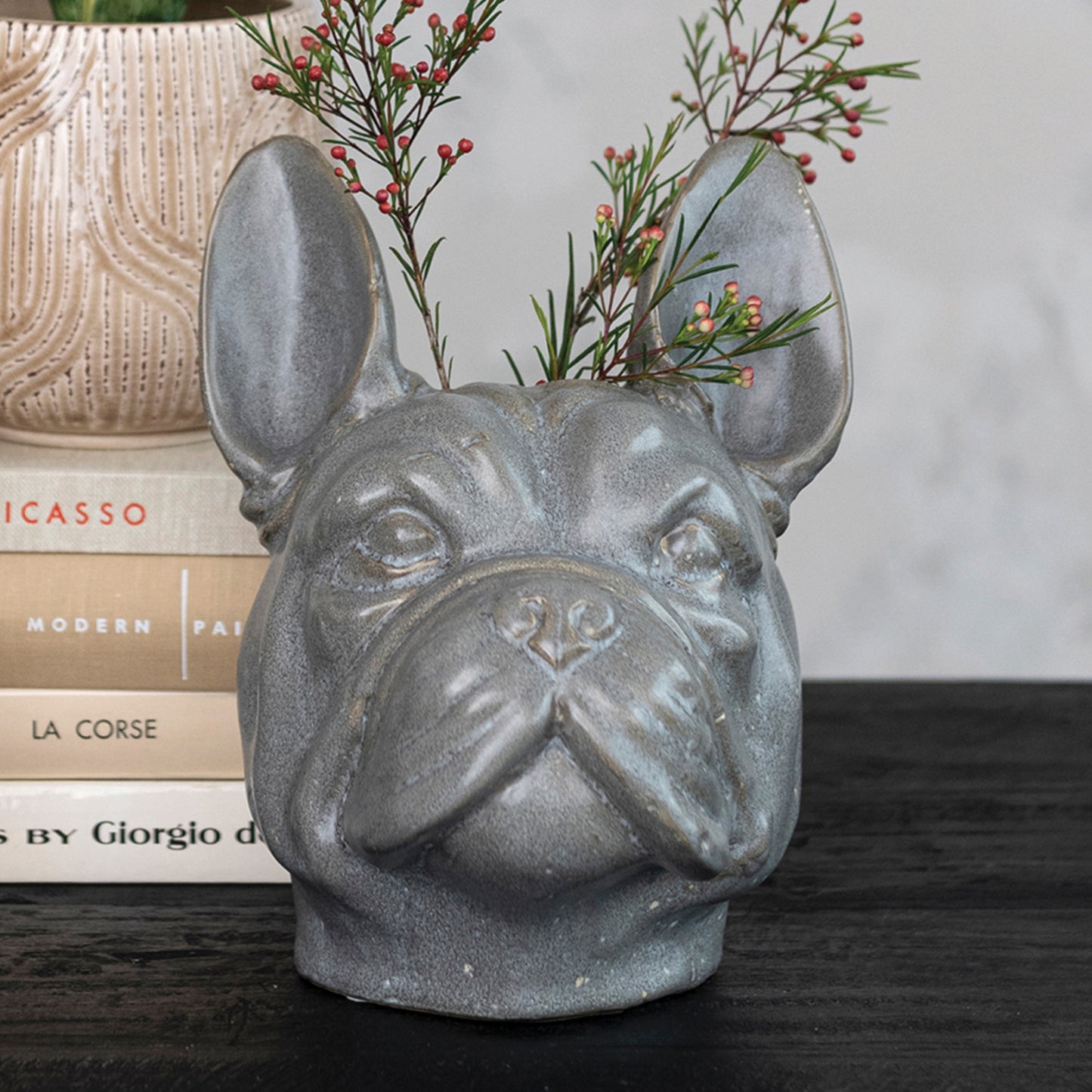 Stoneware French Bulldog Head Vase