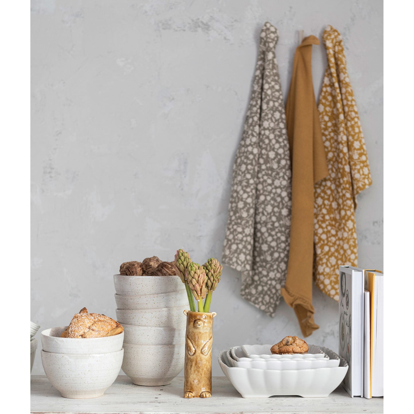 Cotton Slub Printed & Cotton Waffle Tea Towels, Set of 2