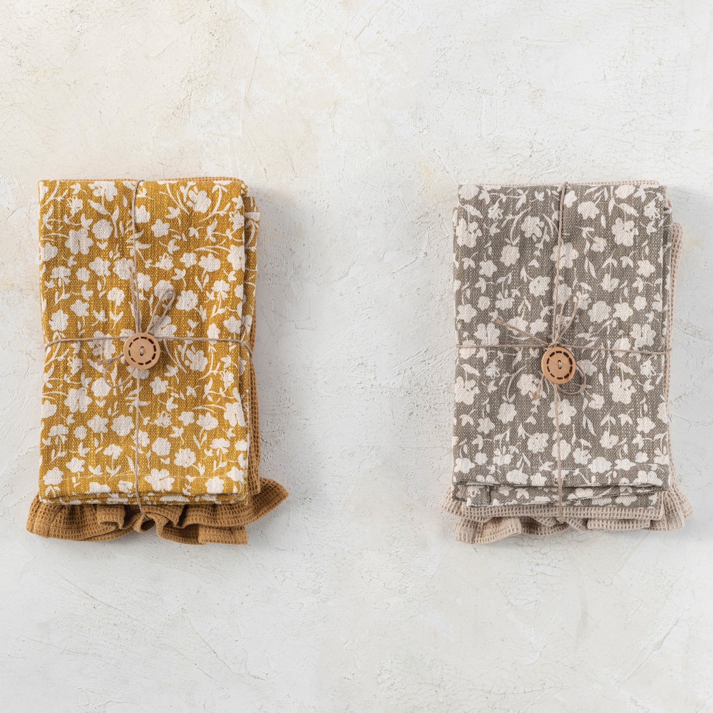 Cotton Slub Printed & Cotton Waffle Tea Towels, Set of 2