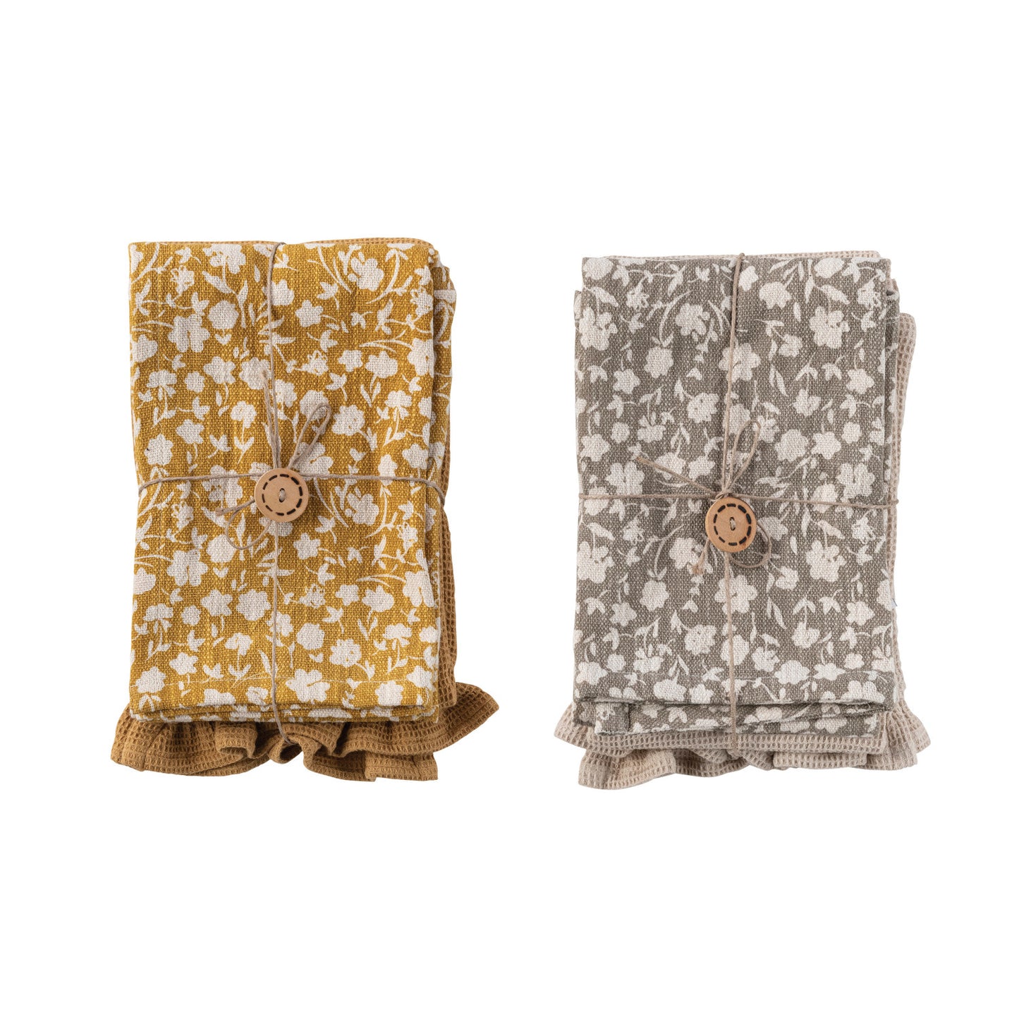 Cotton Slub Printed & Cotton Waffle Tea Towels, Set of 2