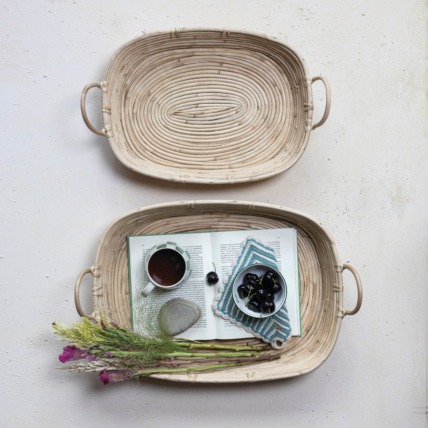 Hand-Woven Rattan Trays with Handles