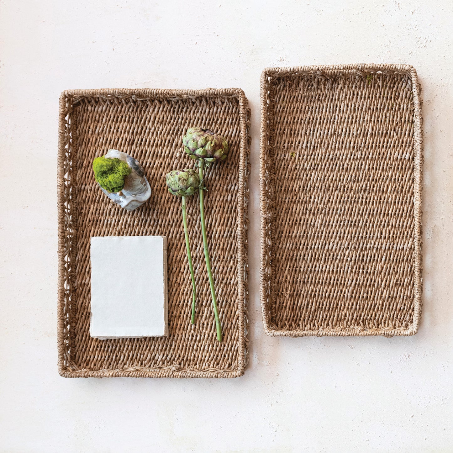 Decorative Hand-Woven Water Hyacinth & Rattan Trays w/ Handles