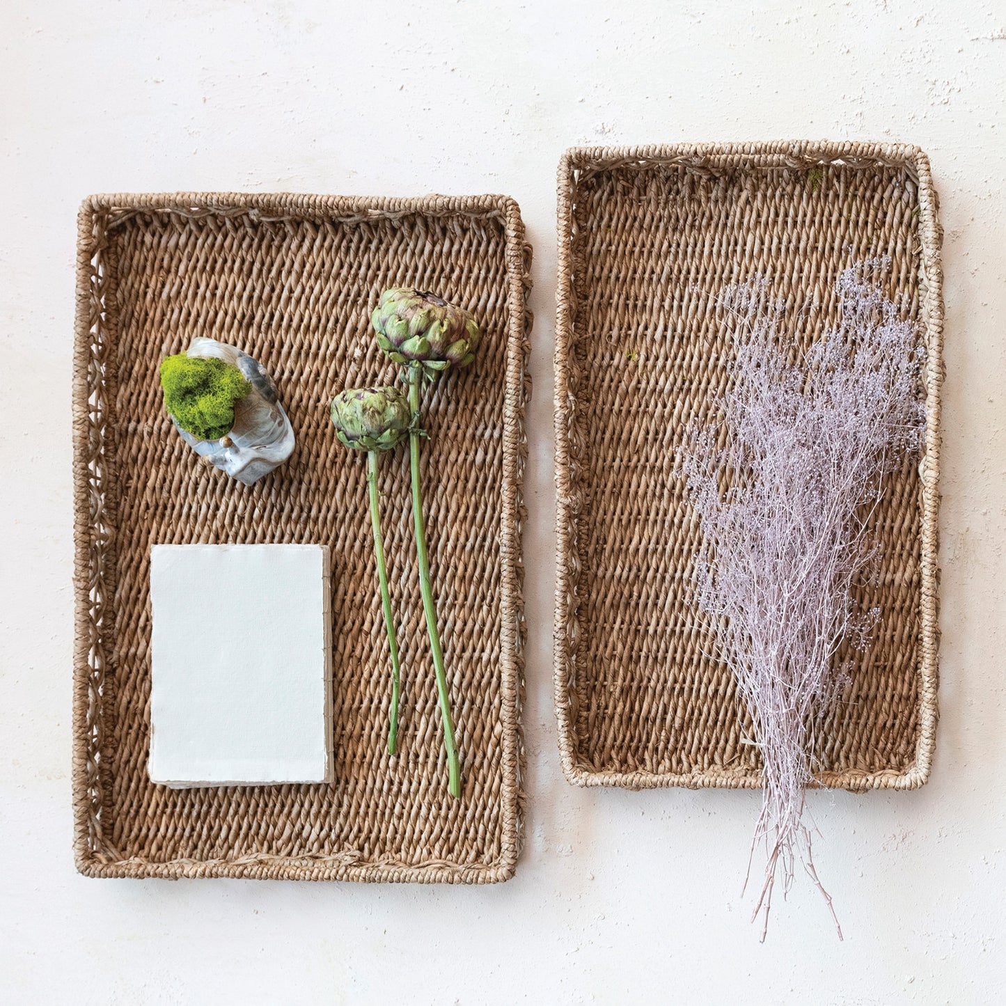 Decorative Hand-Woven Water Hyacinth & Rattan Trays w/ Handles