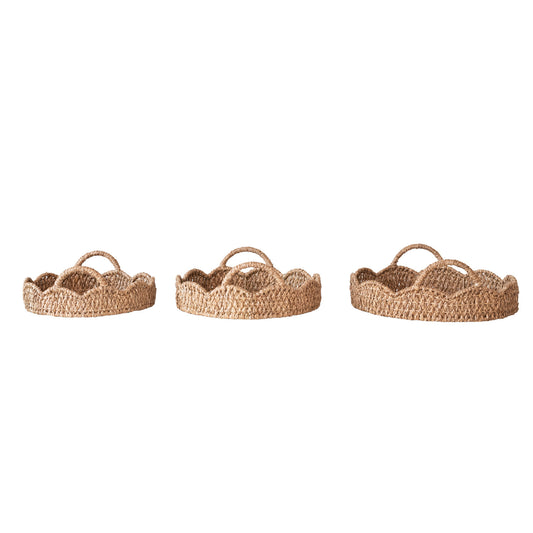 Decorative Braided Bankuan and Rattan Trays with Scalloped Edge and Handles