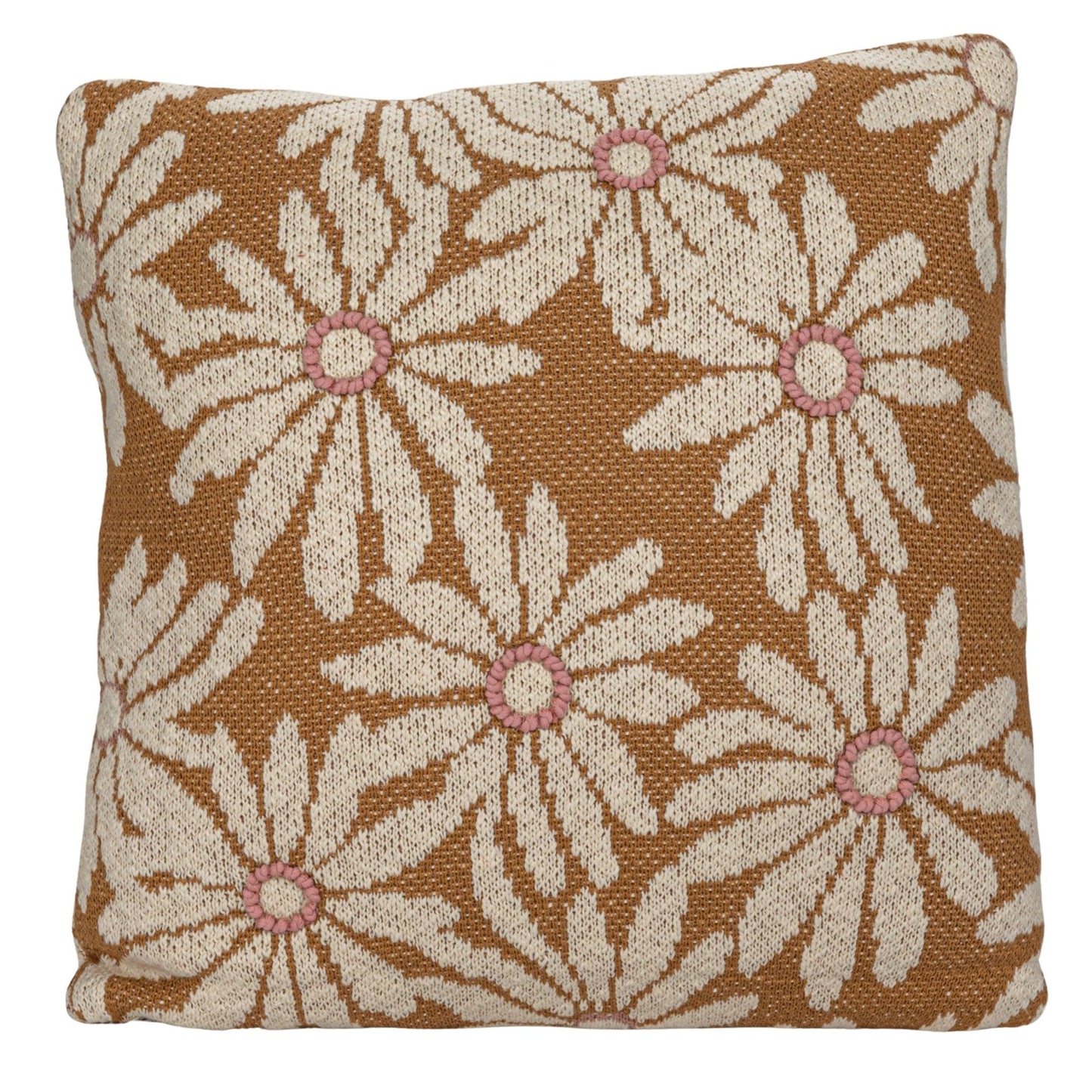 Square Cotton Knit Pillow with Flowers and Embroidery