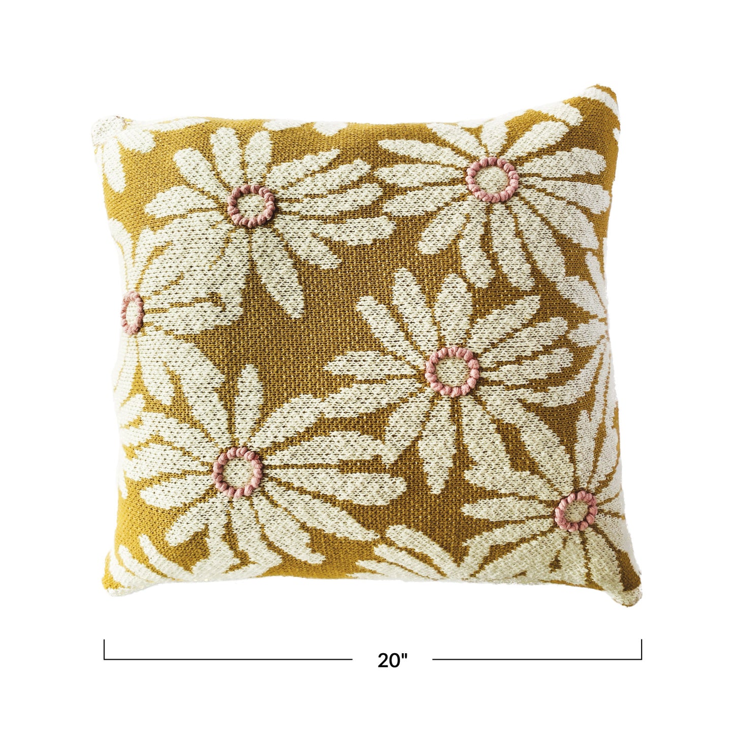 Square Cotton Knit Pillow with Flowers and Embroidery