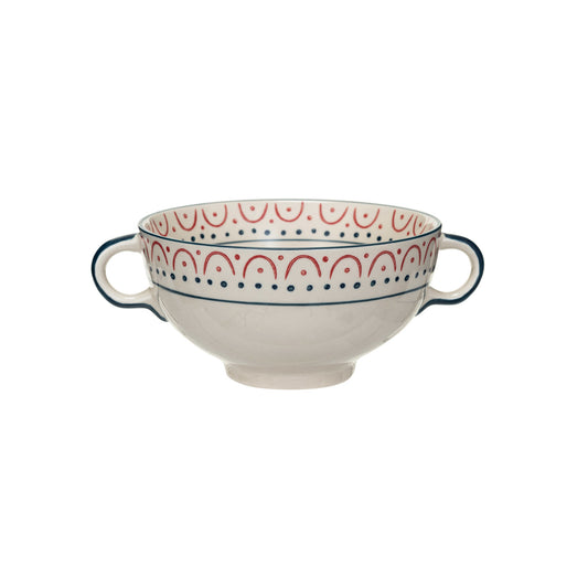 Stoneware Bowl with Handles and Pattern