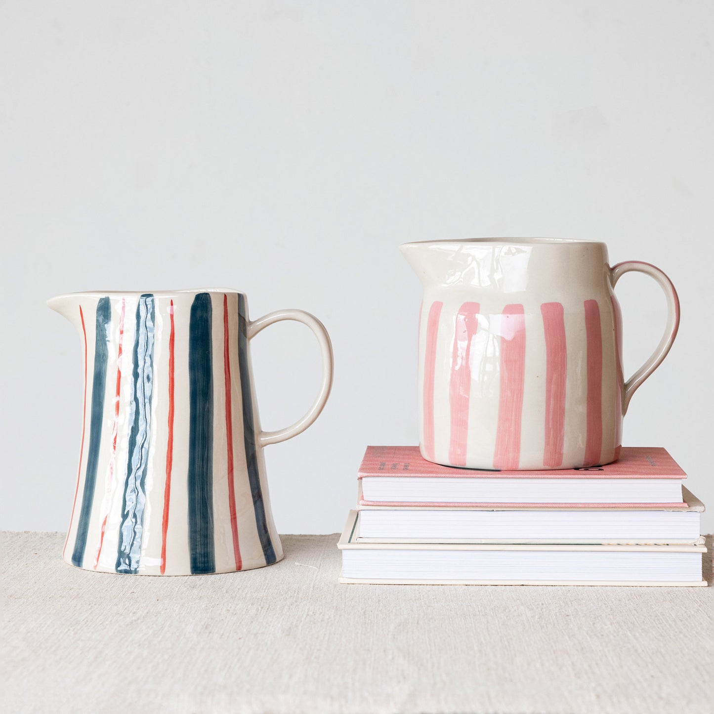 2 Quart Hand-Painted Stoneware Pitcher with Stripes