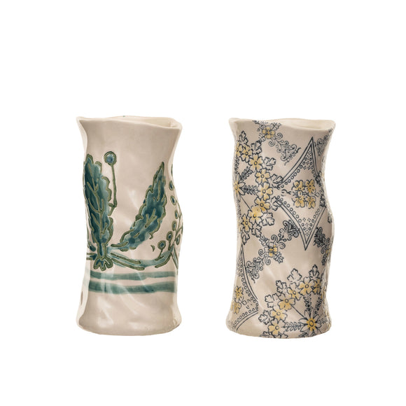 Hand-Painted Stoneware Organic Shaped Vase with Wax Relief Pattern