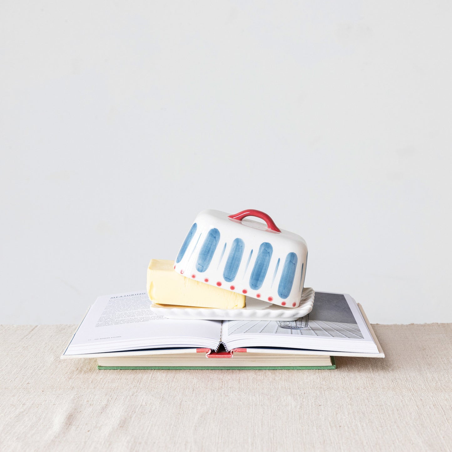 Hand-Painted Stoneware Butter Dish with Handle and Scalloped Edge