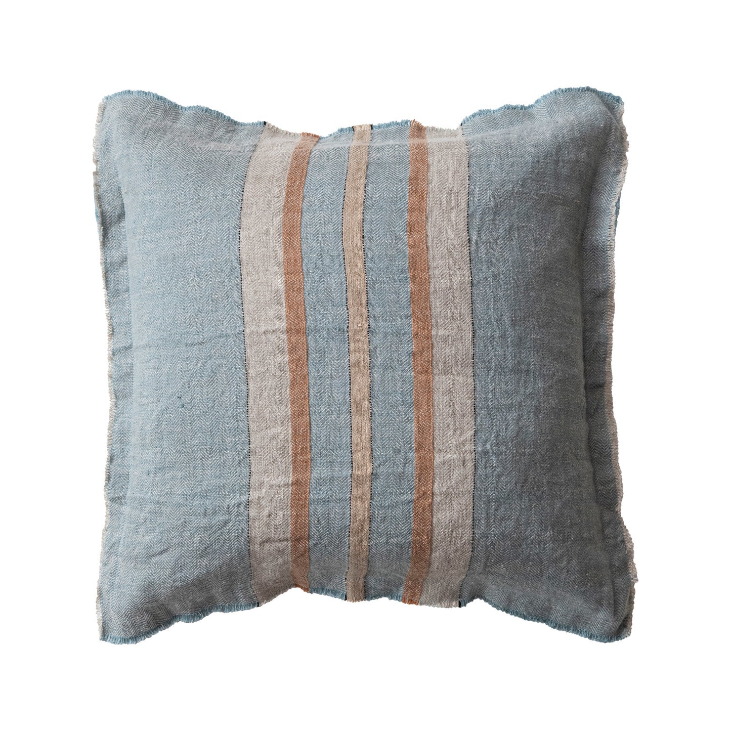 Square Woven Linen Pillow with Stripes, Cotton Slub Back and Fringe