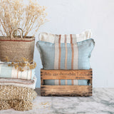 Square Woven Linen Pillow with Stripes, Cotton Slub Back and Fringe