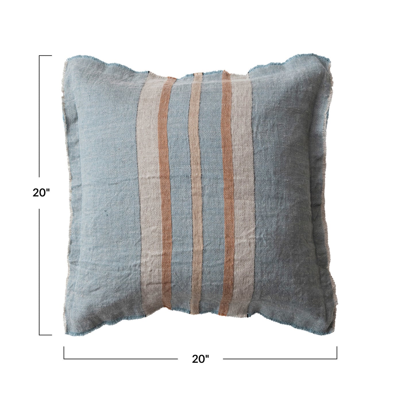 Square Woven Linen Pillow with Stripes, Cotton Slub Back and Fringe