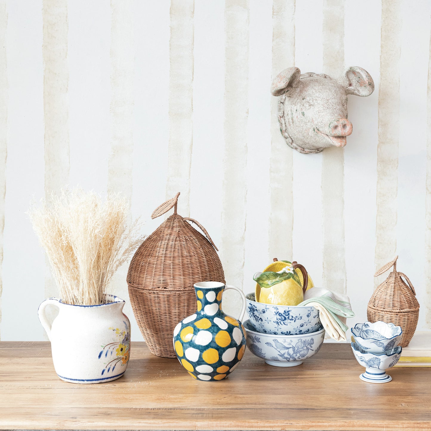 Hand-Stamped Stoneware Bowl w/ Birds & Botanicals