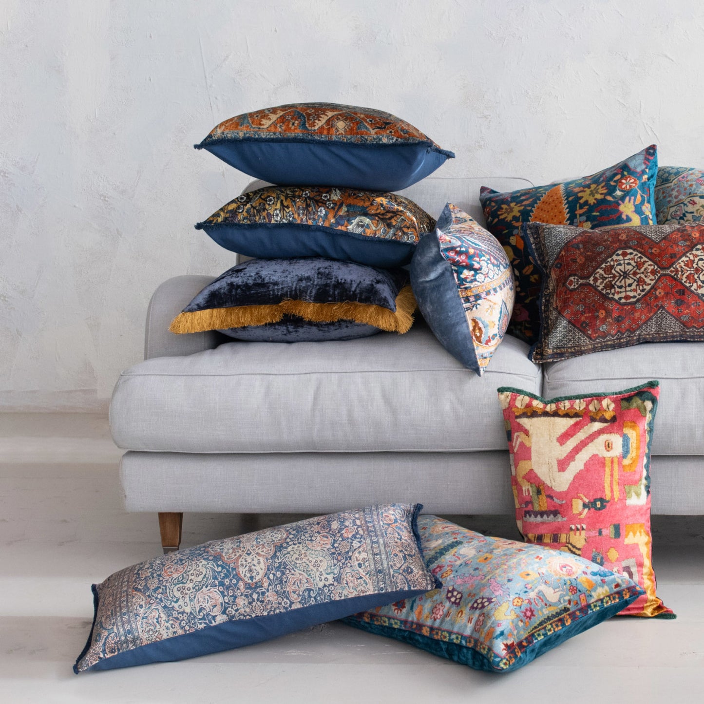 Cotton Blend Velvet Printed Lumbar Pillow w/ Fringe