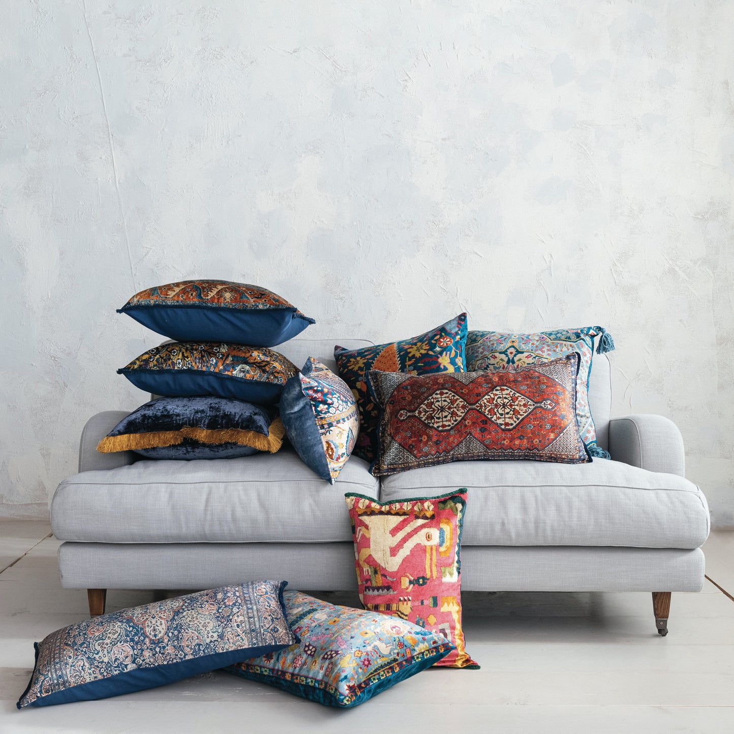 Cotton Blend Velvet Printed Lumbar Pillow w/ Fringe