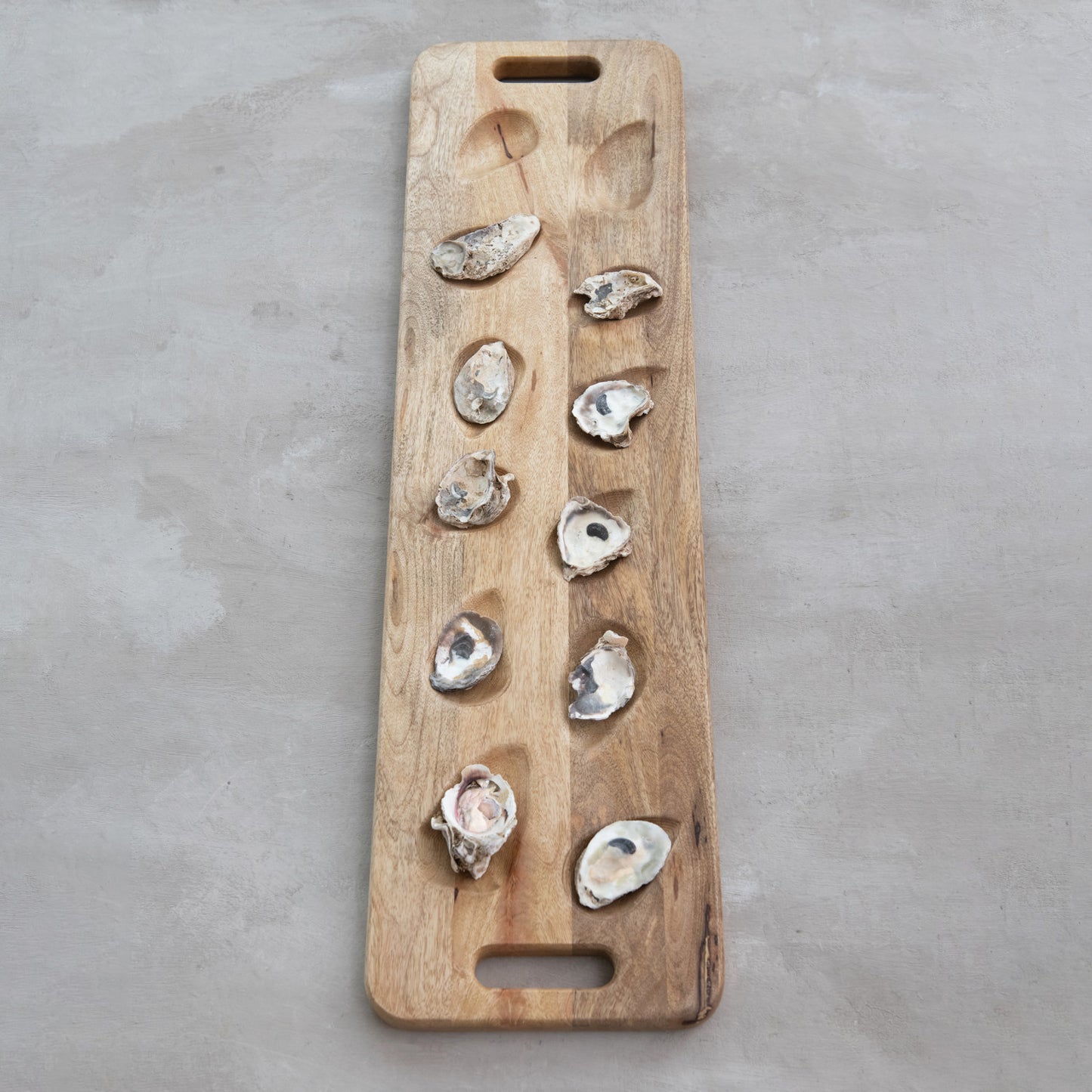 Mango Wood Oyster Serving Board w/ Handles, Natural (Holds 12 Oysters)