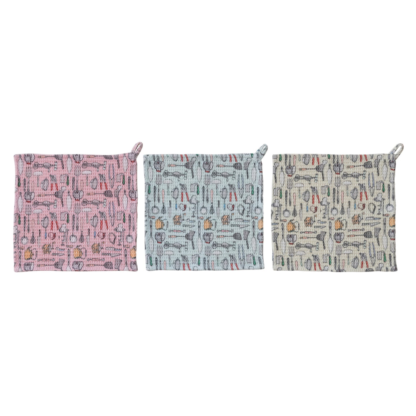 Cotton Blend Printed Waffle Weave Dish Cloth w/ Kitchen Tools Pattern