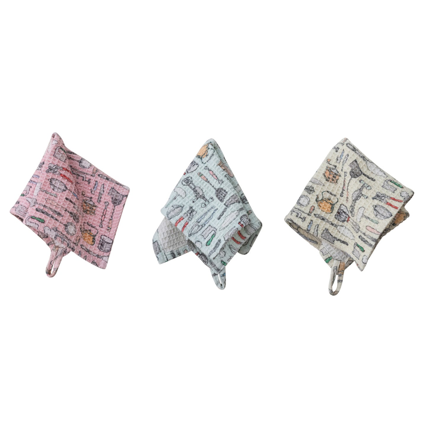Cotton Blend Printed Waffle Weave Dish Cloth w/ Kitchen Tools Pattern