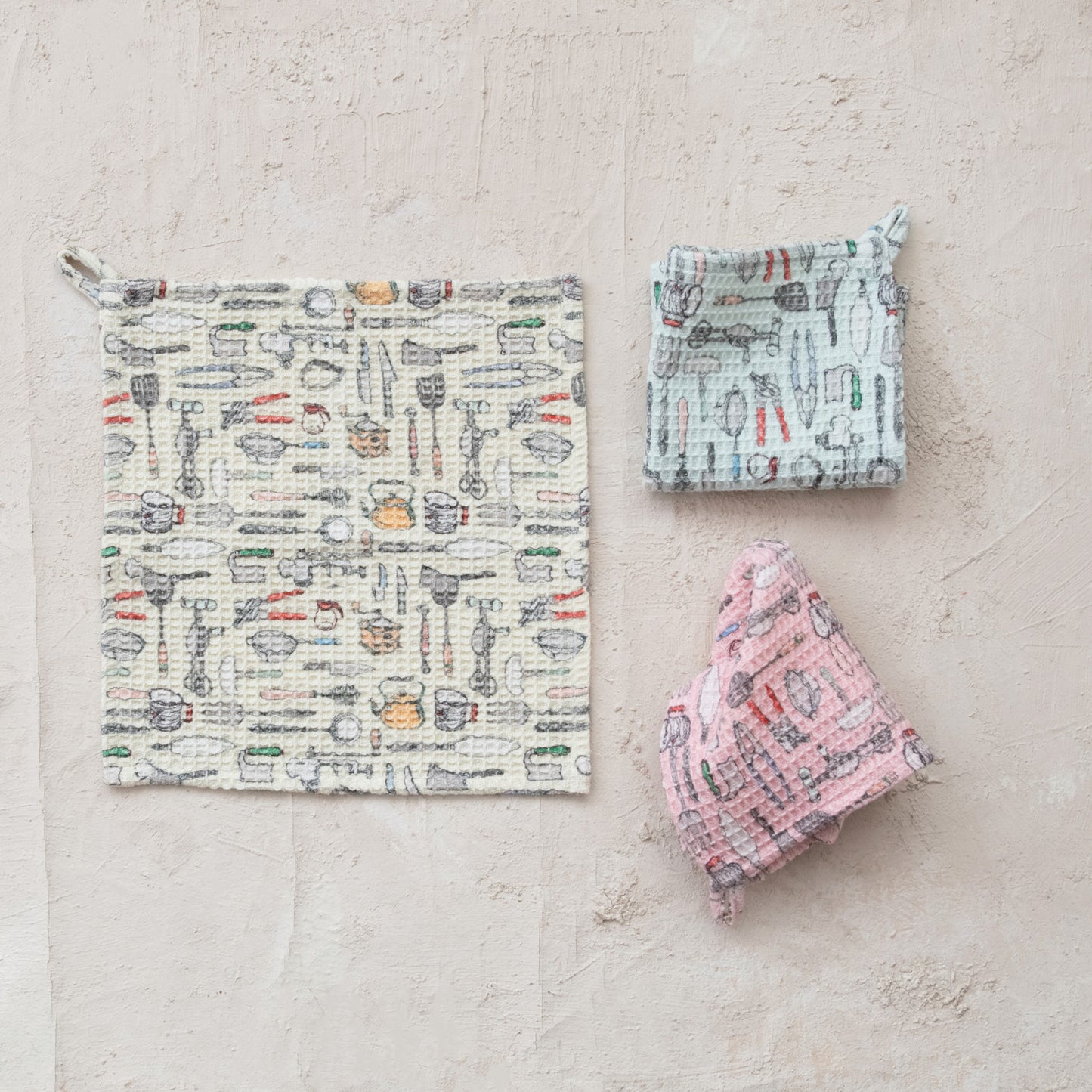 Cotton Blend Printed Waffle Weave Dish Cloth w/ Kitchen Tools Pattern