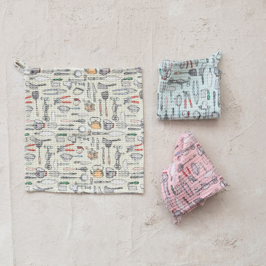 Cotton Blend Printed Waffle Weave Dish Cloth w/ Kitchen Tools Pattern
