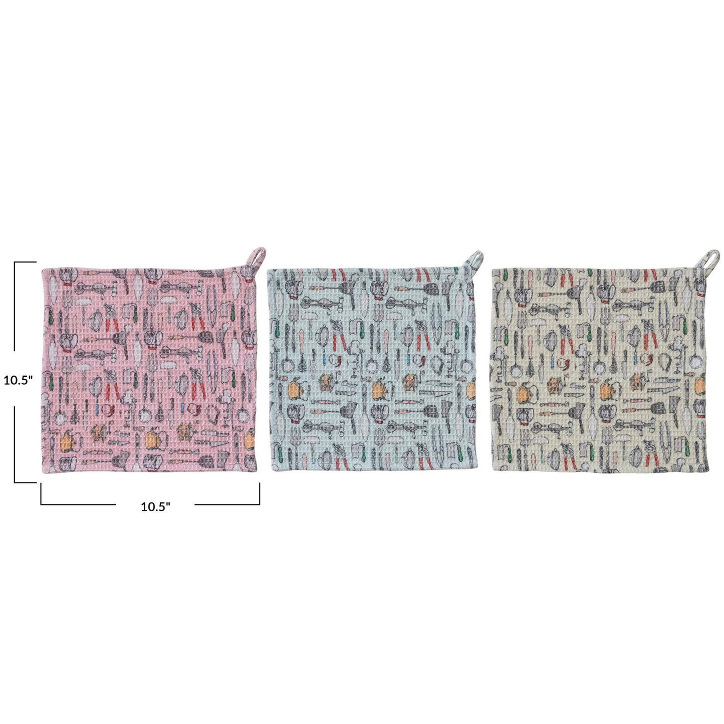 Cotton Blend Printed Waffle Weave Dish Cloth w/ Kitchen Tools Pattern