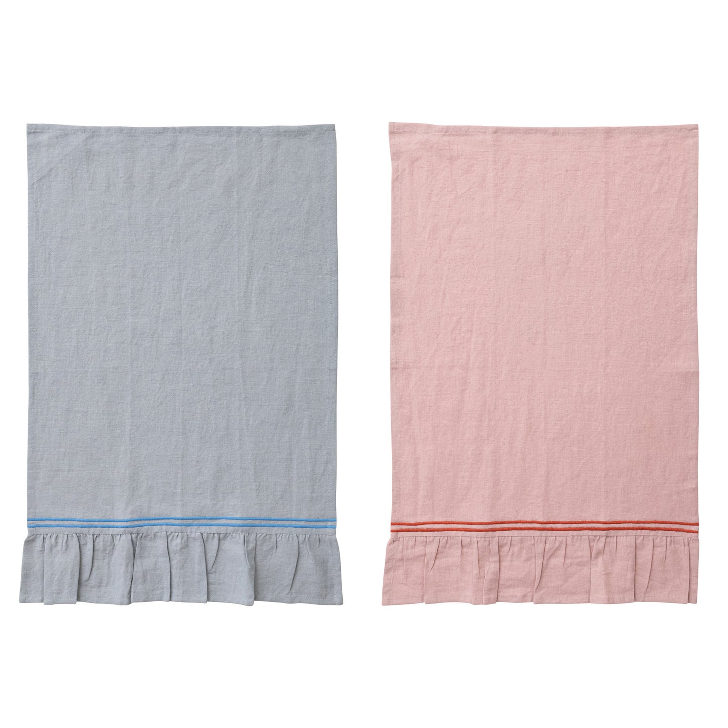 Cotton & Linen Tea Towel w/ Embroidered Stripes & Ruffle