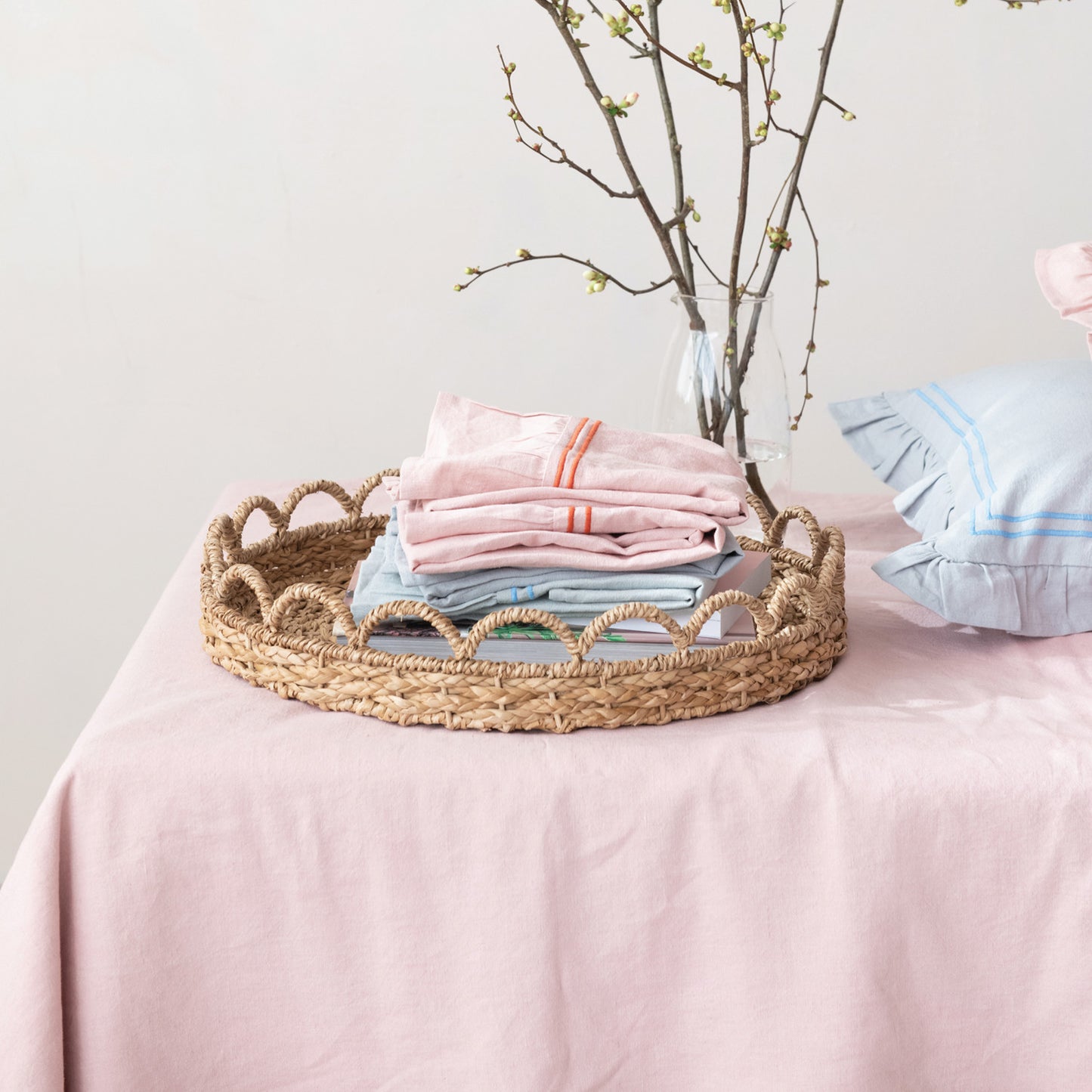 Cotton & Linen Tea Towel w/ Embroidered Stripes & Ruffle