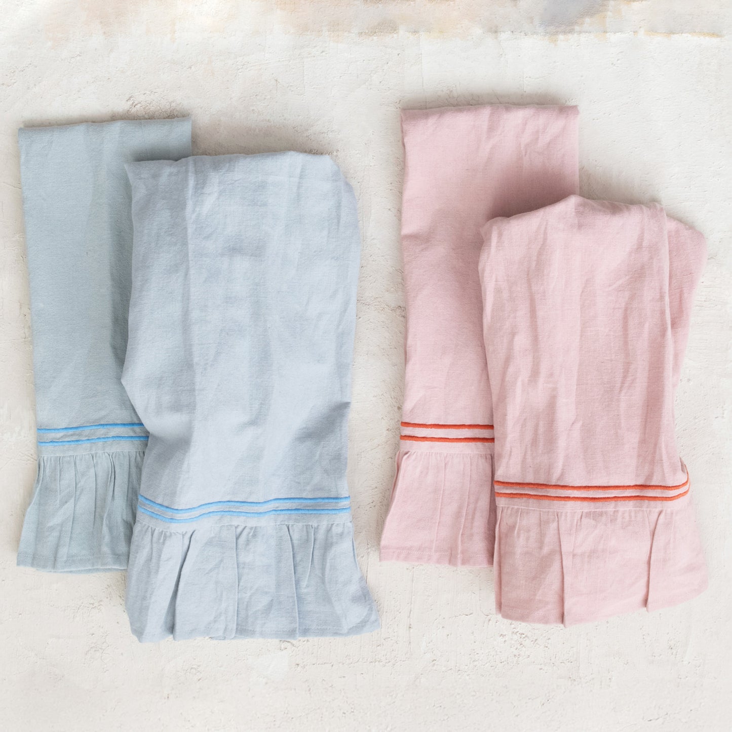 Cotton & Linen Tea Towel w/ Embroidered Stripes & Ruffle
