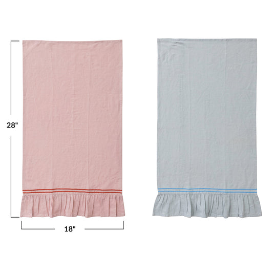 Cotton & Linen Tea Towel w/ Embroidered Stripes & Ruffle