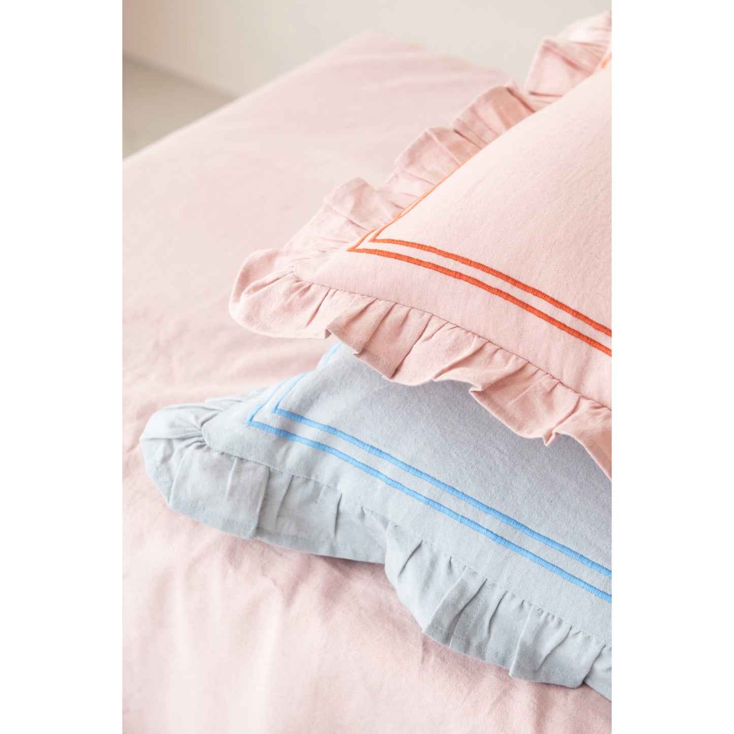 Cotton & Linen Pillow w/ Embroidered Stripes & Ruffle, Blue
