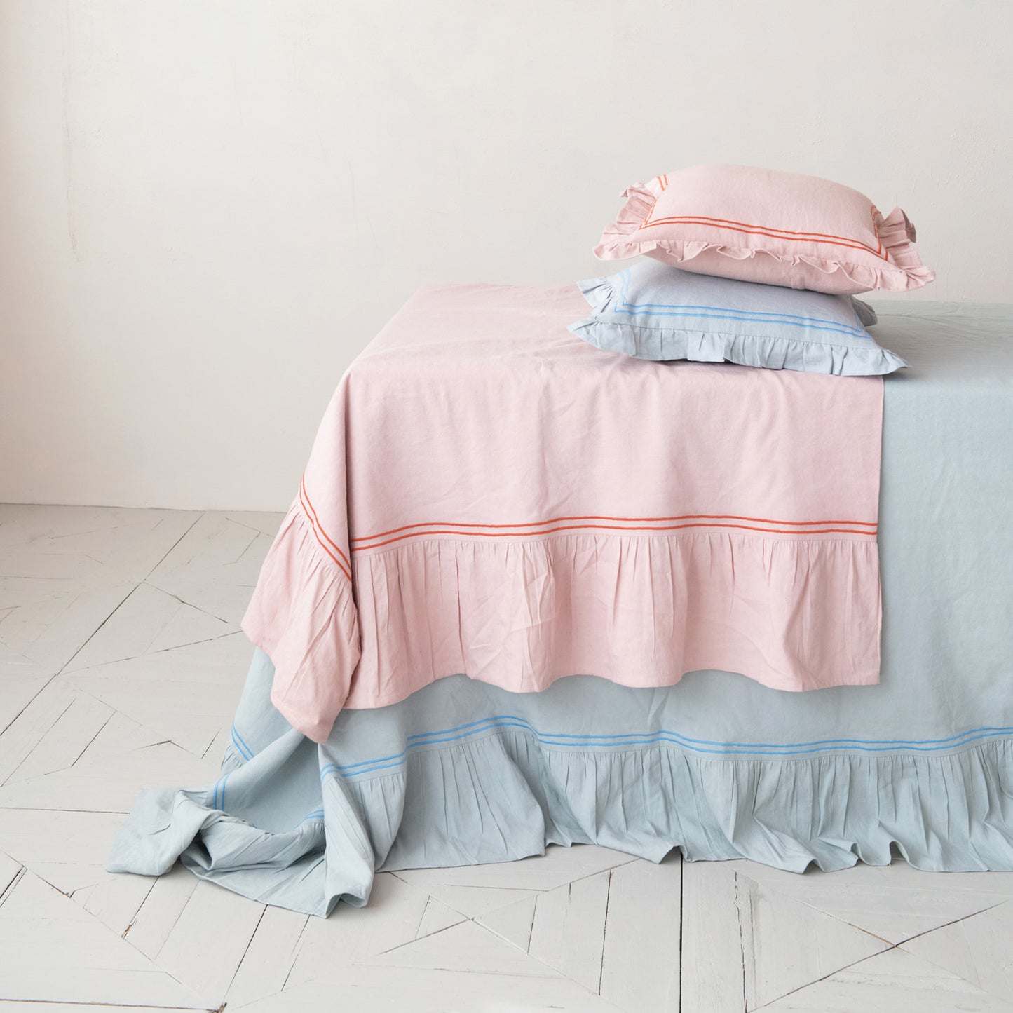 Cotton & Linen Pillow w/ Embroidered Stripes & Ruffle, Blue