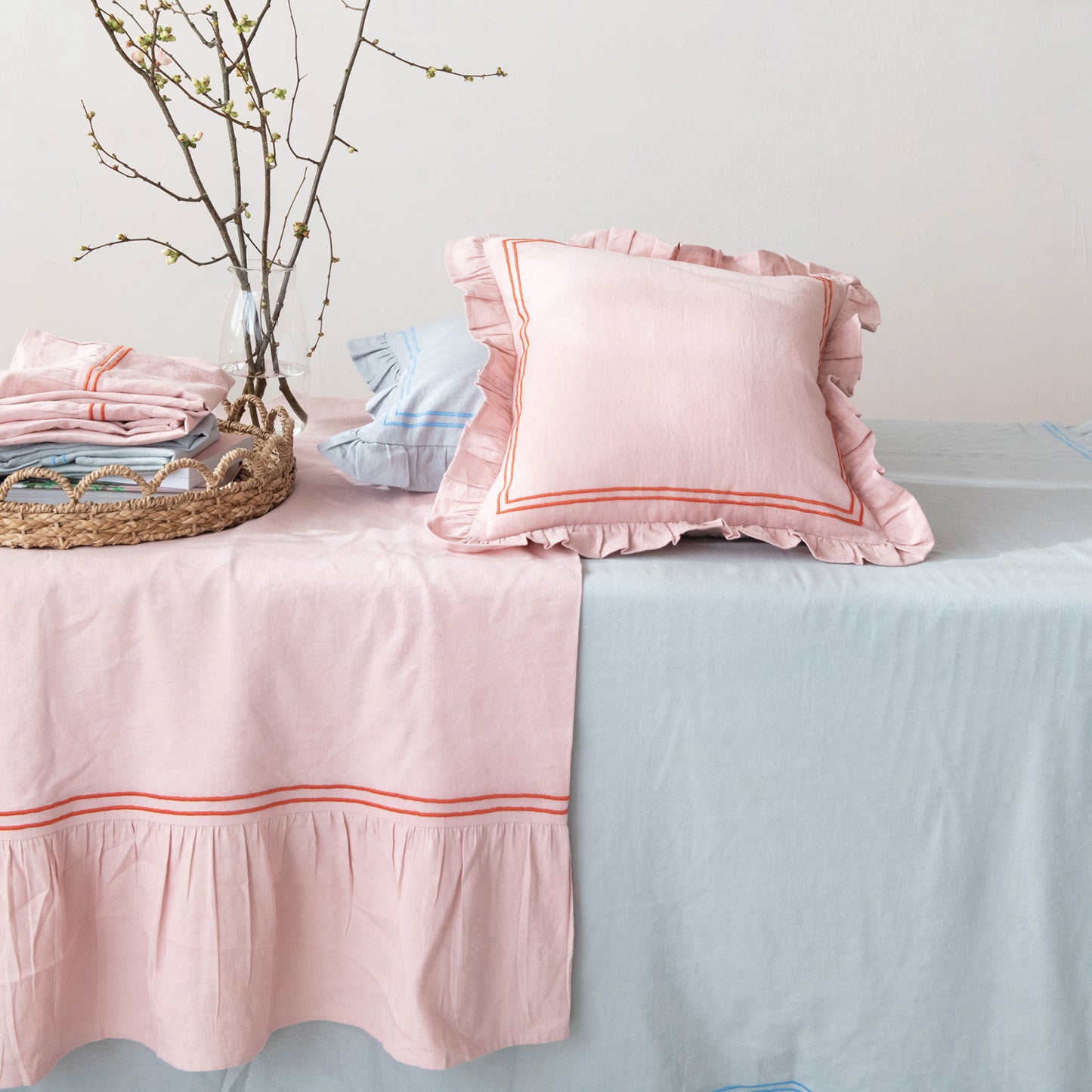Cotton & Linen Pillow w/ Embroidered Stripes & Ruffle, Blue