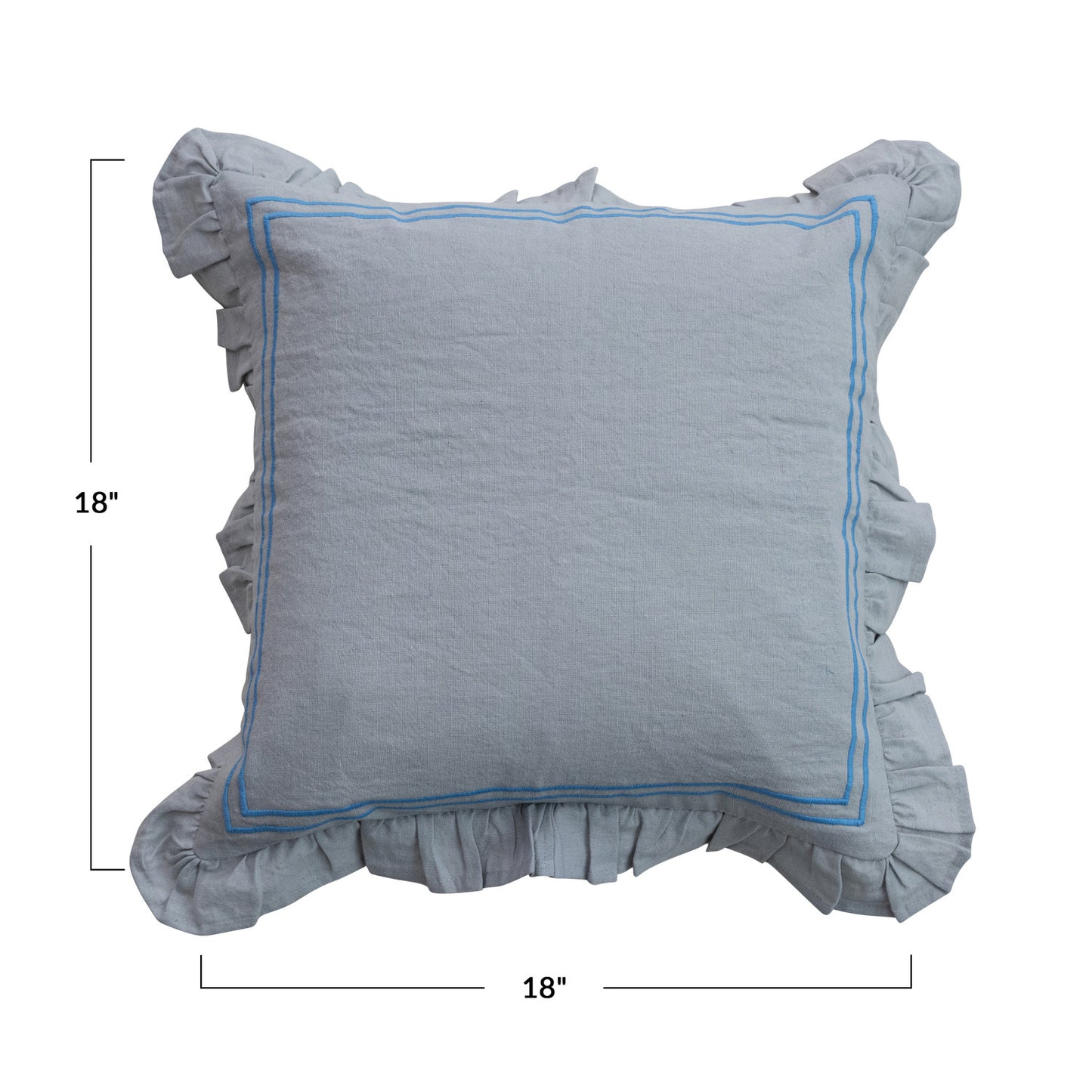 Cotton & Linen Pillow w/ Embroidered Stripes & Ruffle, Blue