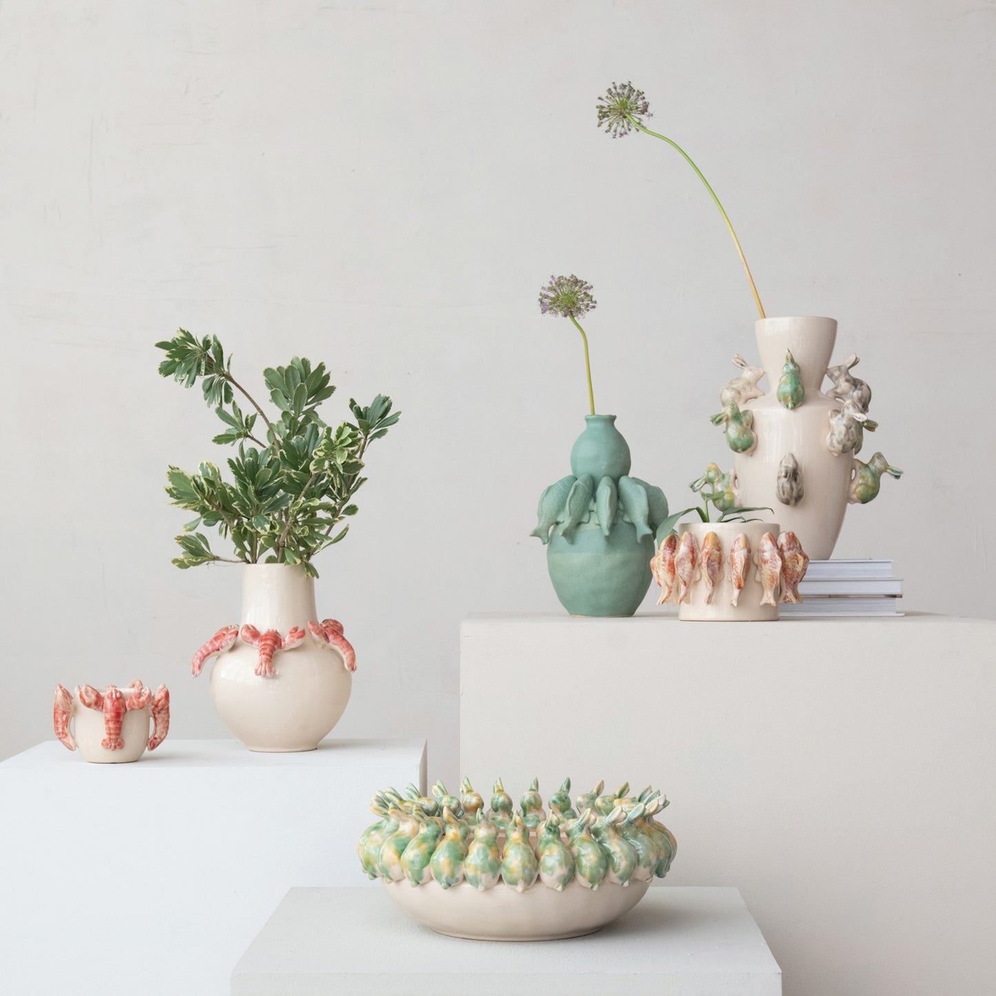 Decorative Stoneware Bowl w/ 3D Rabbits