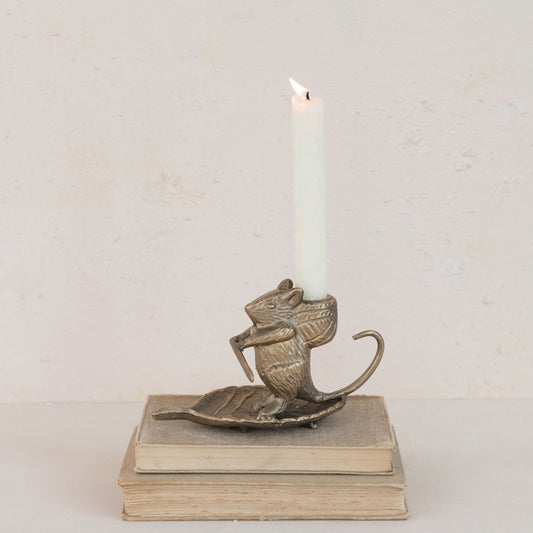 Cast Metal Taper Holder with Mouse on Leaf