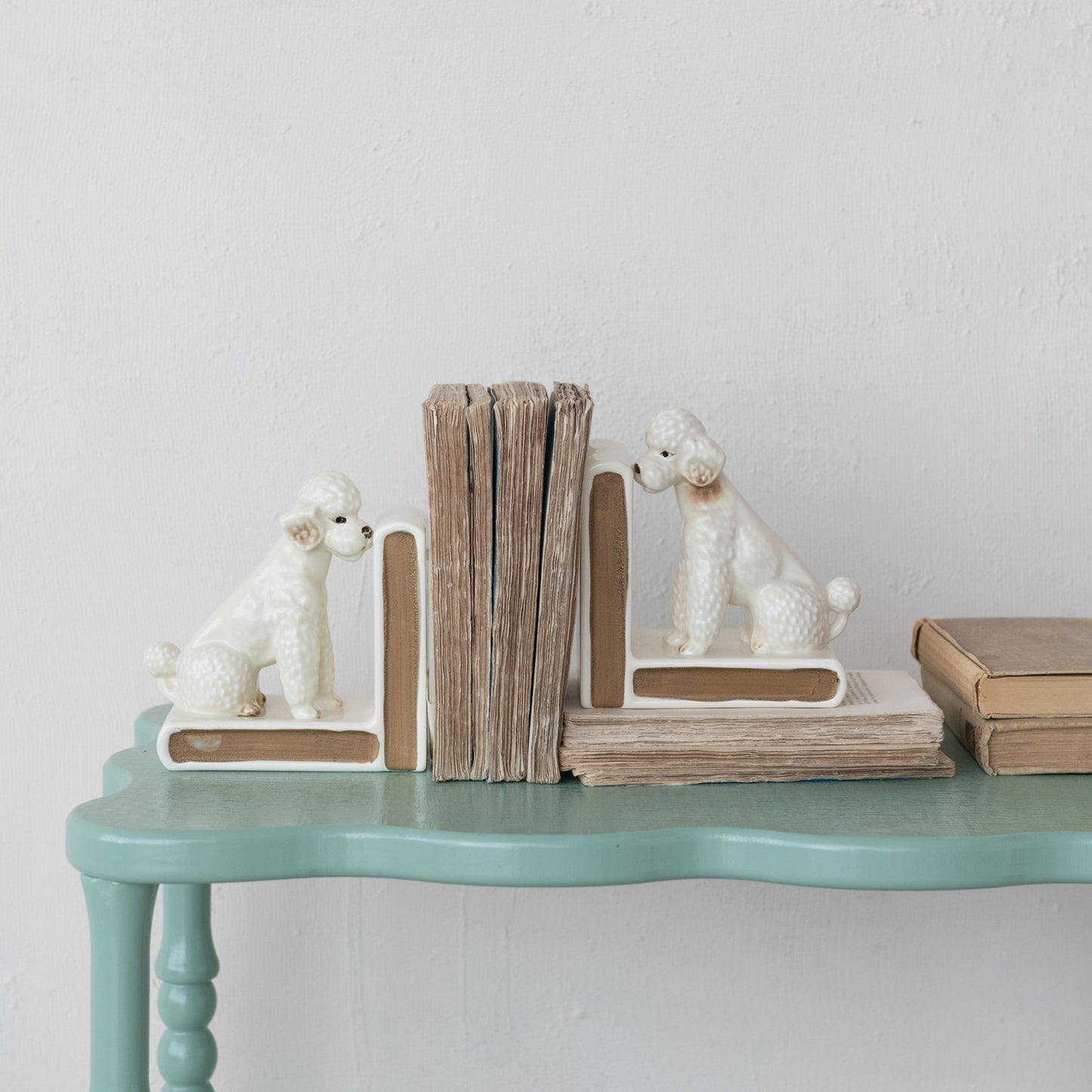 Hand-Painted Stoneware Vintage Reproduction Poodle Shaped Bookends, Set of 2