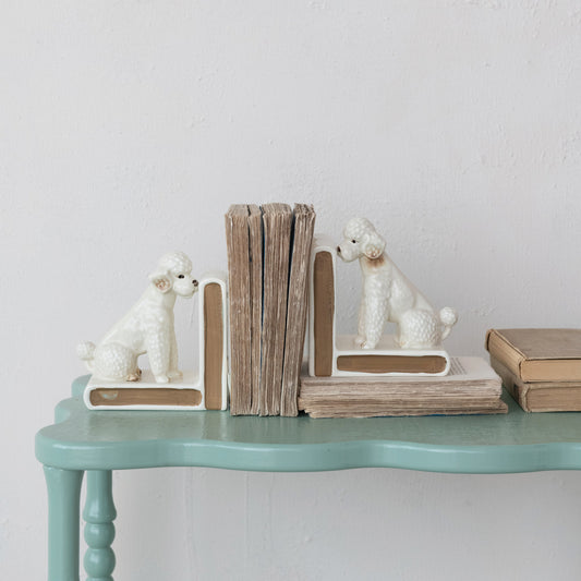 Hand-Painted Stoneware Vintage Reproduction Poodle Shaped Bookends, Set of 2