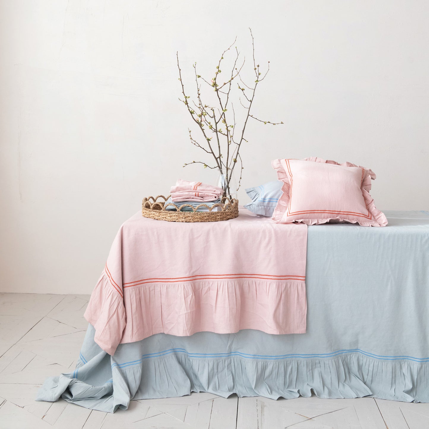 Cotton & Linen Tablecloth w/ Embroidered Trim & Ruffled Edge