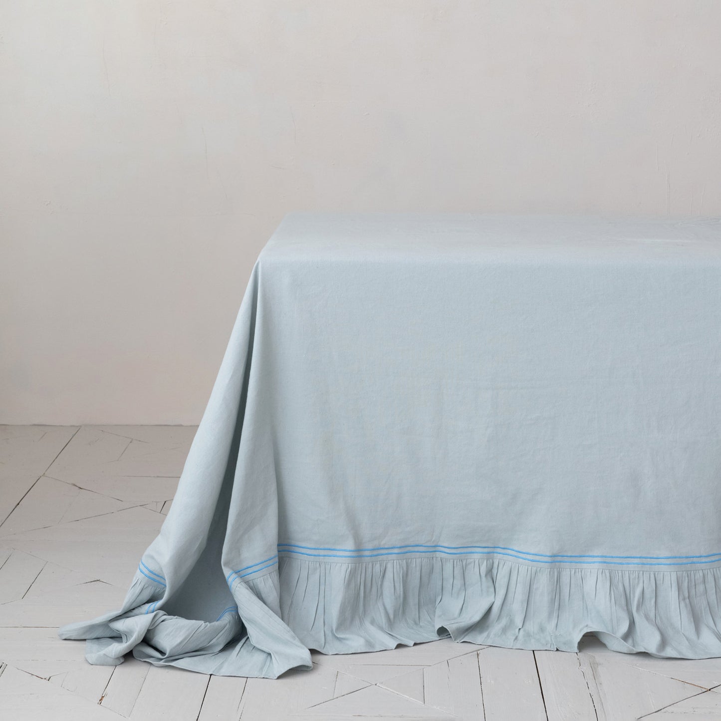 Cotton & Linen Tablecloth w/ Embroidered Trim & Ruffled Edge