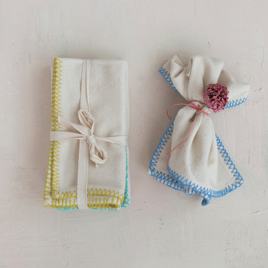Cotton Napkins w/ Blanket Stitch Colored Edge, Set of 4