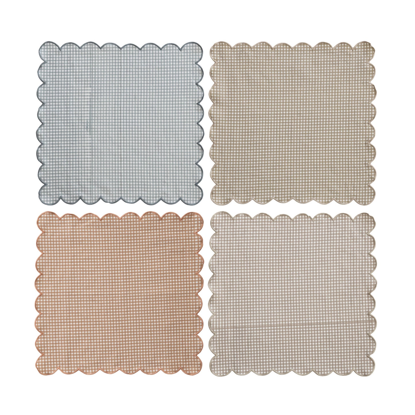 Cotton Printed Scalloped Napkins w/ Check Pattern & Stitched Edge, Set of 4