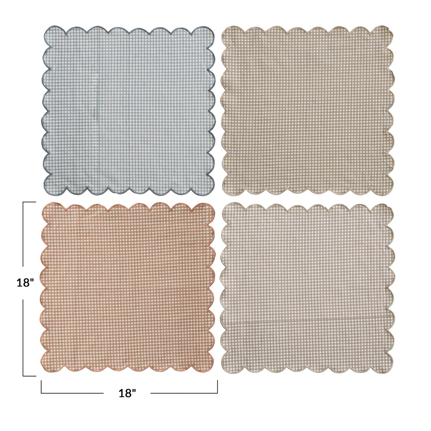 Cotton Printed Scalloped Napkins w/ Check Pattern & Stitched Edge, Set of 4