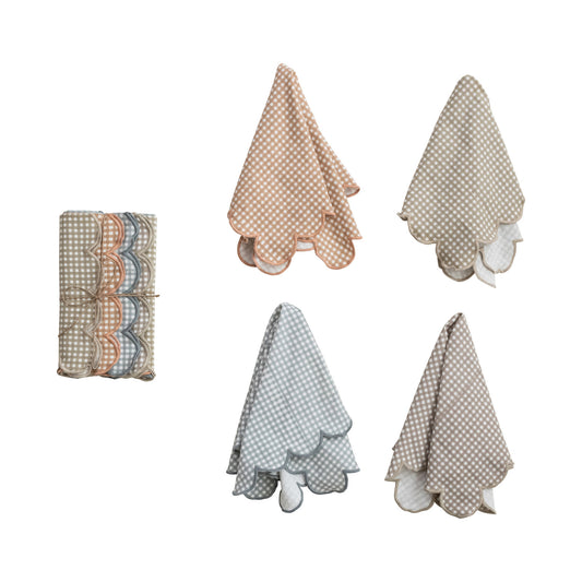 Cotton Printed Scalloped Napkins w/ Check Pattern & Stitched Edge, Set of 4