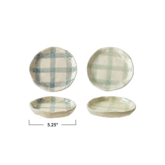 Hand-Painted Stoneware Plate w/ Grid Pattern, Reactive Glaze
