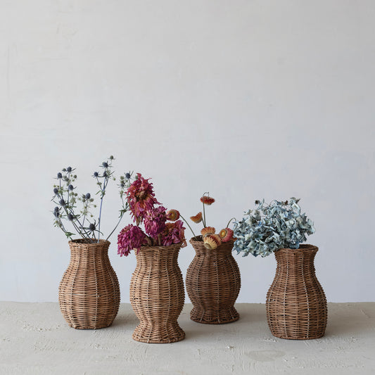 Hand-Woven Rattan Vase with Removable Glass Insert