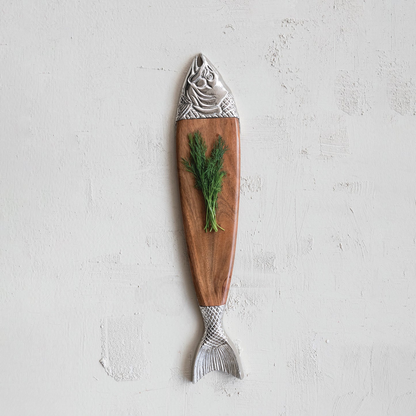 Acacia Wood & Cast Aluminum Fish Shaped Cheese/Serving Board