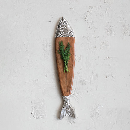 Acacia Wood & Cast Aluminum Fish Shaped Cheese/Serving Board