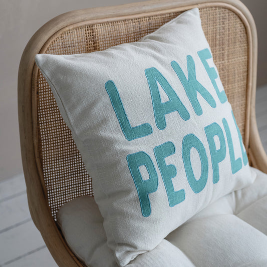 18" Square Cotton Pillow with Embroidery "Lake People", White & Blue ©