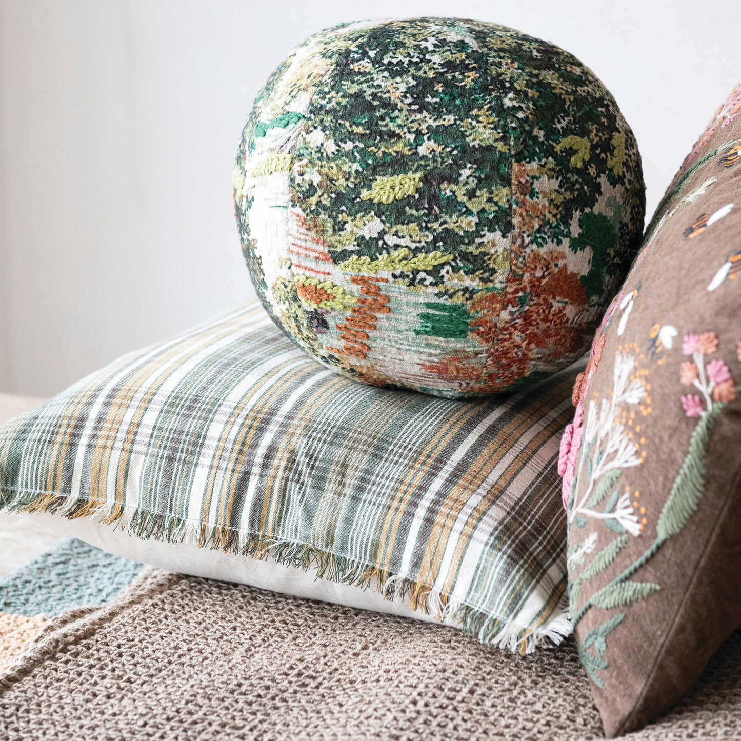 Square Woven Linen & Cotton Pillow with Plaid Pattern & Eyelash Fringe
